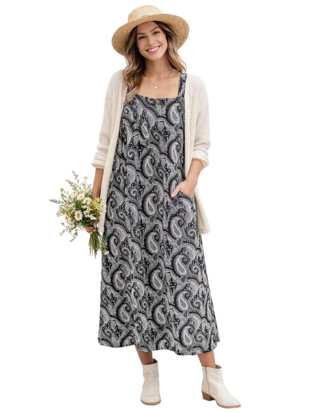 Match Black White Corduroy Paisley Bib Romper Dress L Artsy Lagenlook Peasent